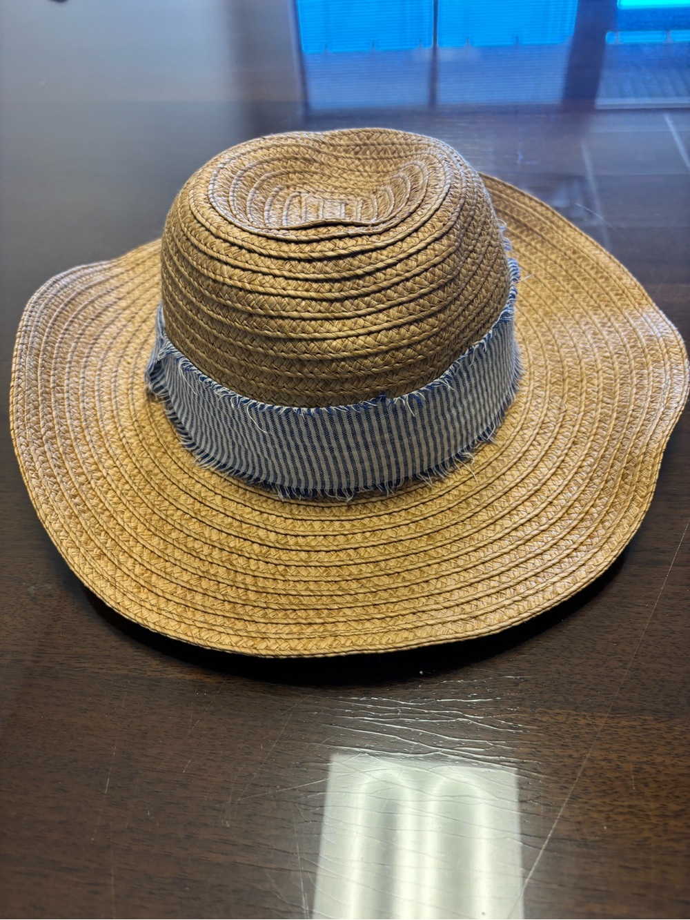 Wide Brim Straw Sun Hat with Blue Striped Band Barneys NY brand